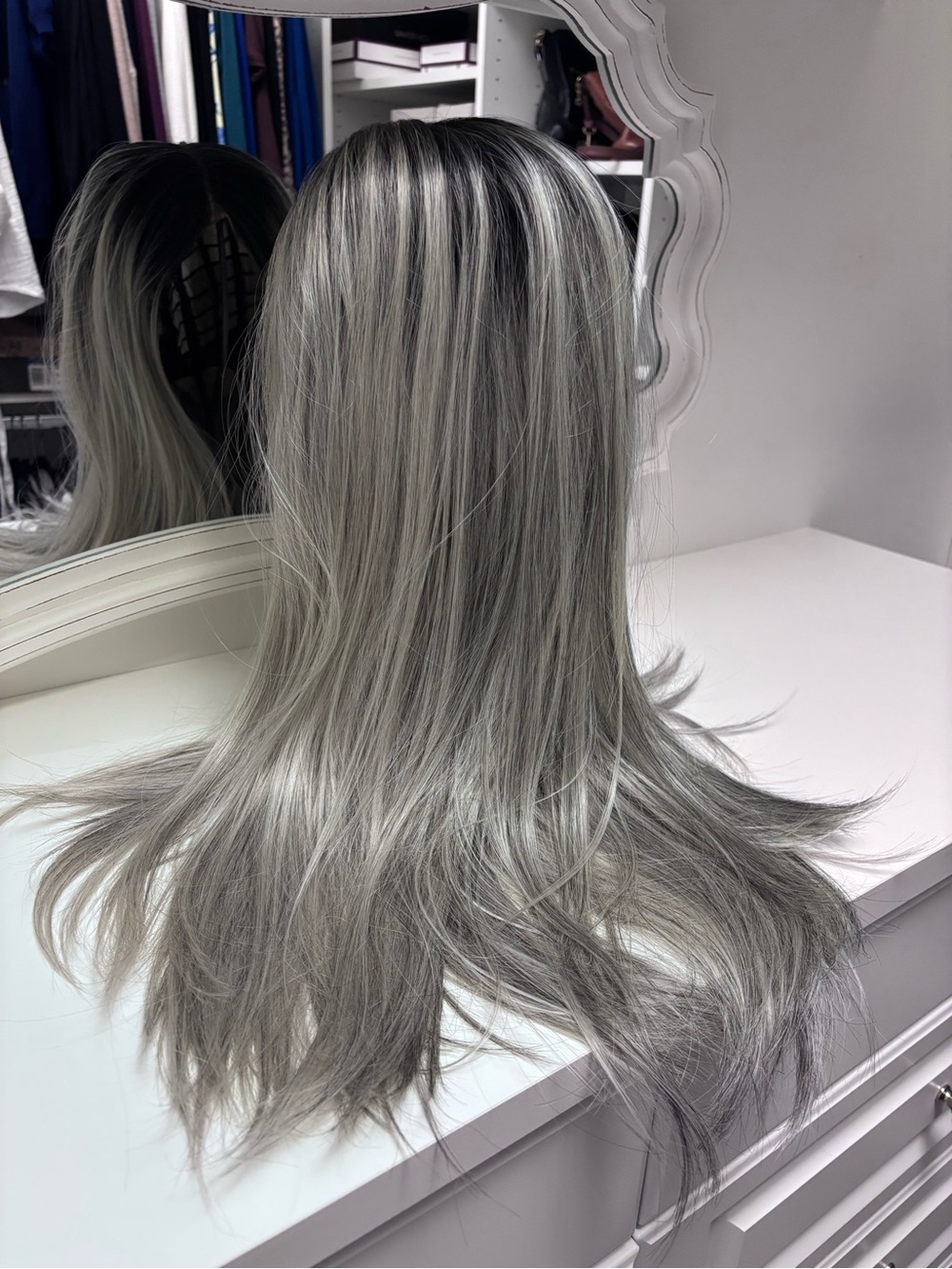 Synthetic silver gray wig with dark rooting